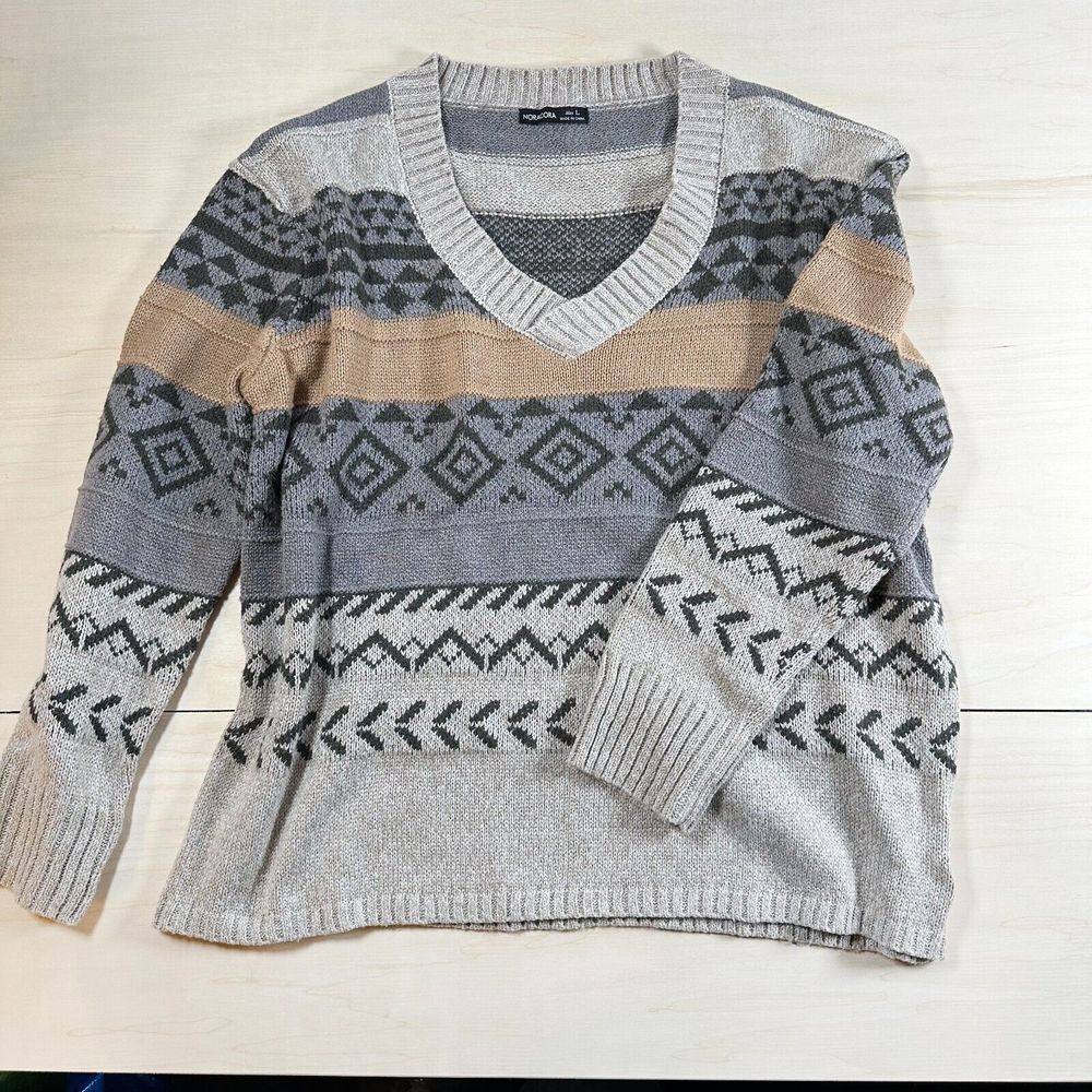 Southwestern Sweater Women's Noracora‎ Size L V Neck Gray Tan - Picture 1 of 7